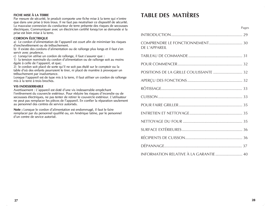 Black & Decker CTO6120B manual Table Des Matières, Positions De La Grille Coulissante, Surface Extérieures 