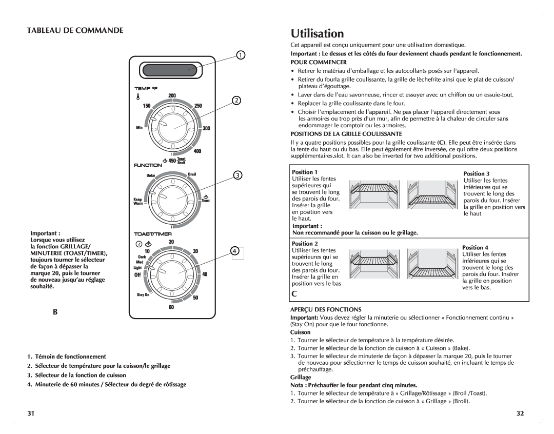 Black & Decker CTO6120B manual Utilisation, Tableau De Commande, la grille en position vers 
