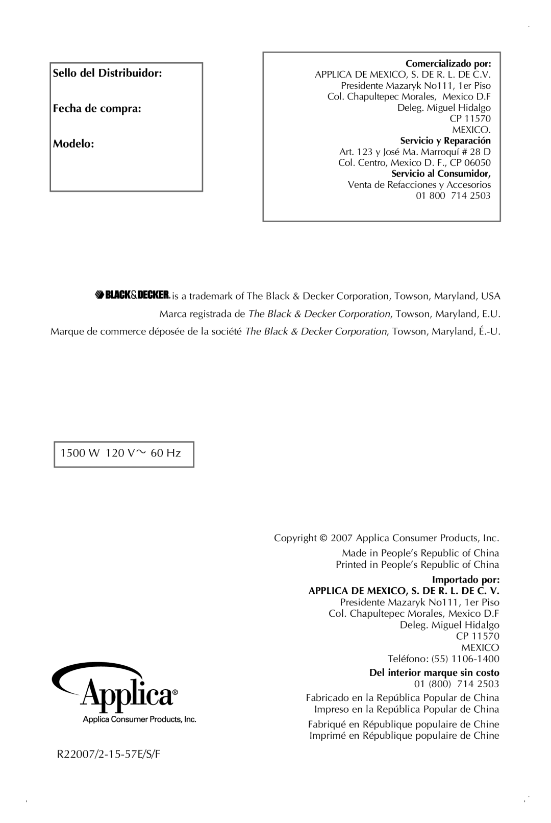 Black & Decker CTO6120B manual Sello del Distribuidor Fecha de compra Modelo, 1500 W 120 V 60 Hz, R22007/2-15-57E/S/F 