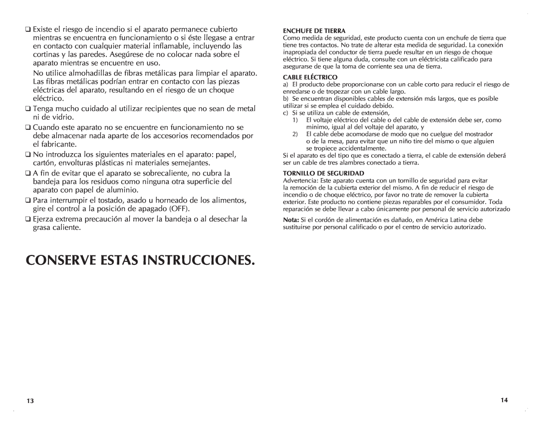Black & Decker CTO6120B manual Conserve Estas Instrucciones, Enchufe De Tierra, Cable Eléctrico, Tornillo De Seguridad 