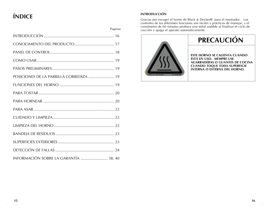 Black & Decker CTO6120B manual Índice, PRECAUCIÓN$ 65*0 