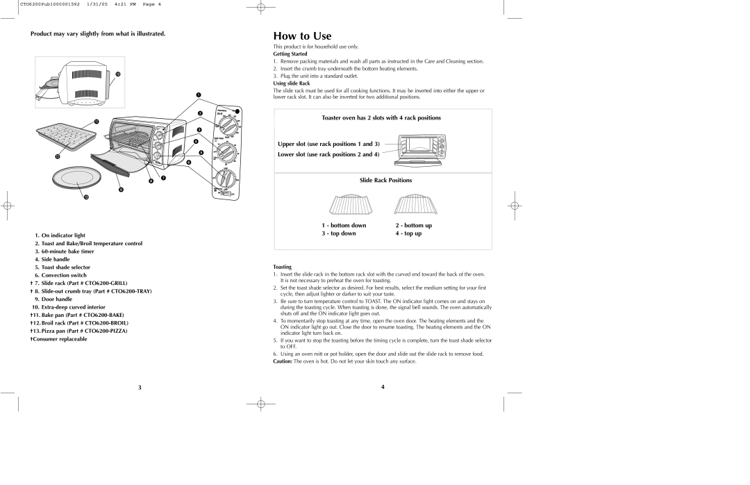 Black & Decker CTO6200 Series How to Use, Product may vary slightly from what is illustrated, Getting Started, Toasting 