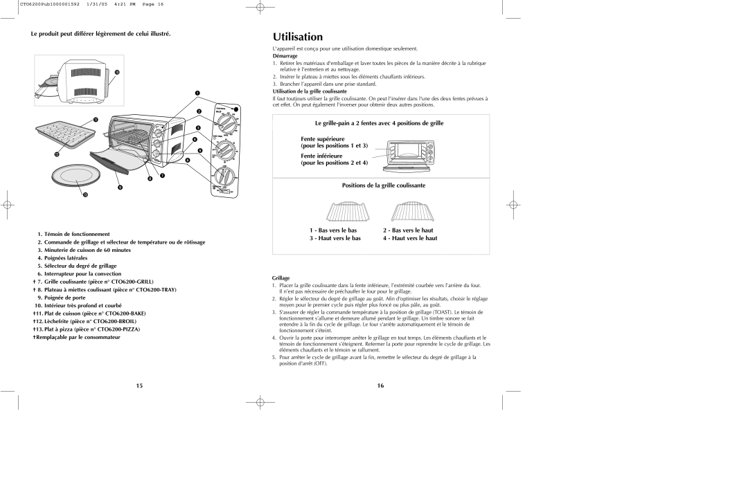 Black & Decker CTO6200 Series Utilisation, Le produit peut différer légèrement de celui illustré, Démarrage, Grillage 