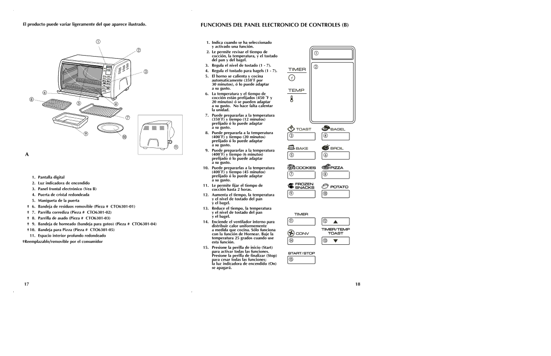 Black & Decker CTO6301, CTO6305 manual Funciones DEL Panel Electronico DE Controles B, Su gusto 