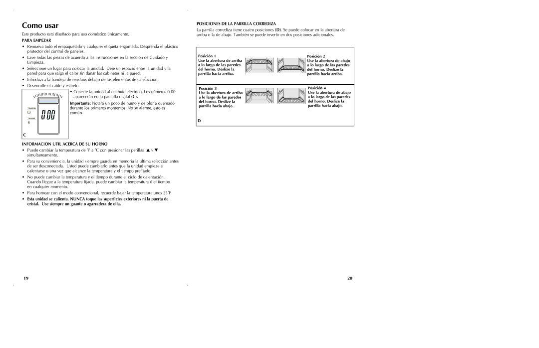 Black & Decker CTO6305, CTO6301 Para Empezar, Informacion Util Acerca DE SU Horno, Posiciones DE LA Parrilla Corrediza 