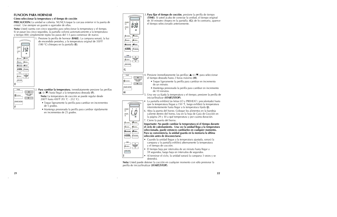 Black & Decker CTO6301, CTO6305 manual Funcion Para Hornear, Cómo seleccionar la temperatura y el tiempo de cocción 