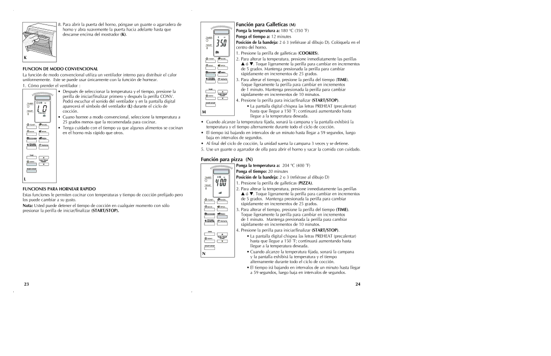 Black & Decker CTO6305, CTO6301 manual Función para Galleticas M, Función para pizza N, Funcion DE Modo Convencional 