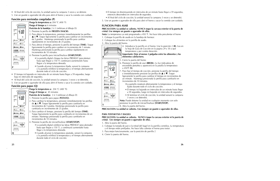 Black & Decker CTO6301, CTO6305 manual Función para meriendas congeladas P, Función para papas Q, Funcion Para Asar 