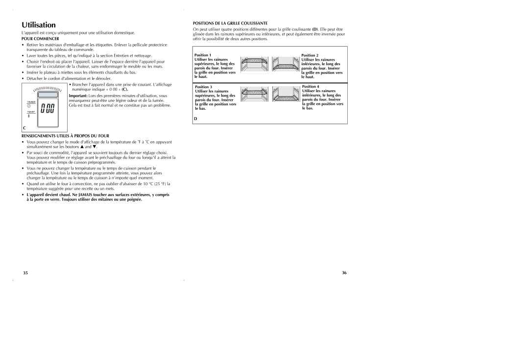 Black & Decker CTO6305 Pour Commencer, Renseignements Utiles À Propos DU Four, Positions DE LA Grille Coulissante, Le bas 