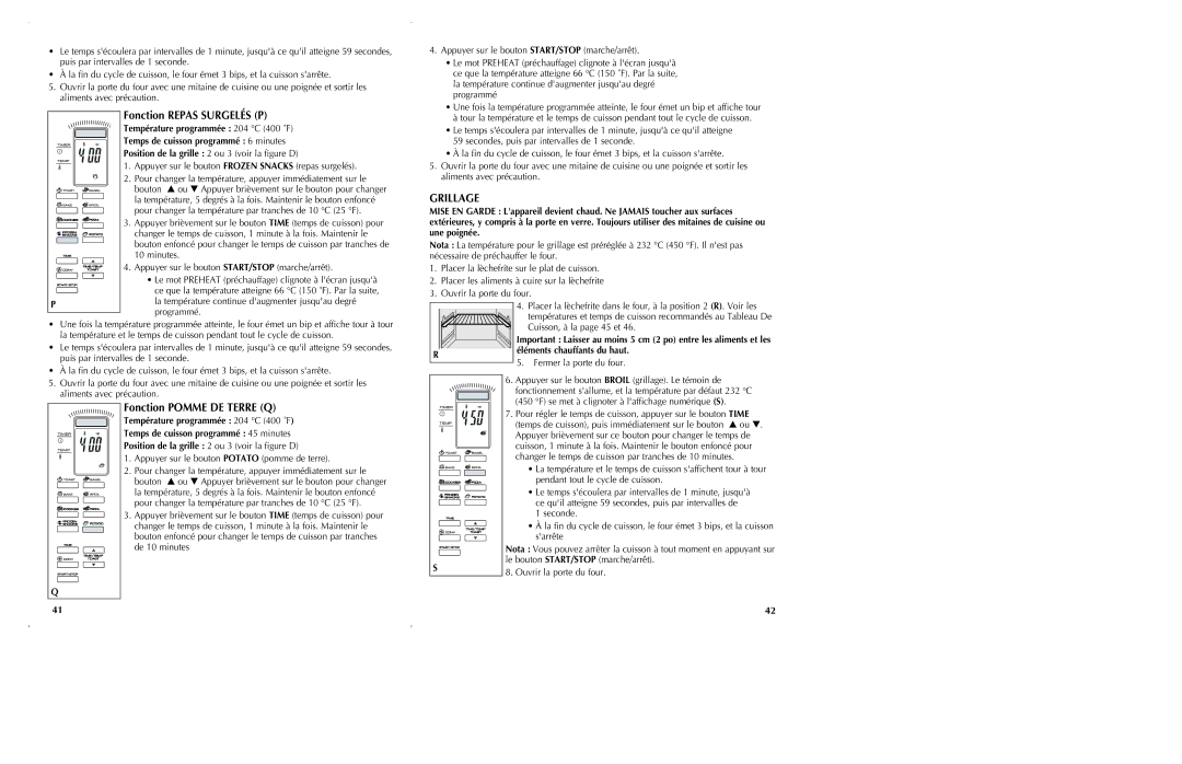 Black & Decker CTO6301 manual Fonction Repas Surgelés P, Grillage, Fonction Pomme DE Terre Q, Éléments chauffants du haut 