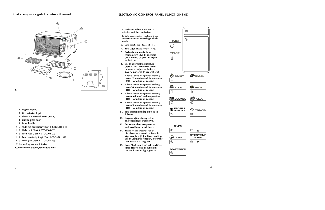 Black & Decker CTO6305, CTO6301 Electronic Control Panel Functions B, Product may vary slightly from what is illustrated 