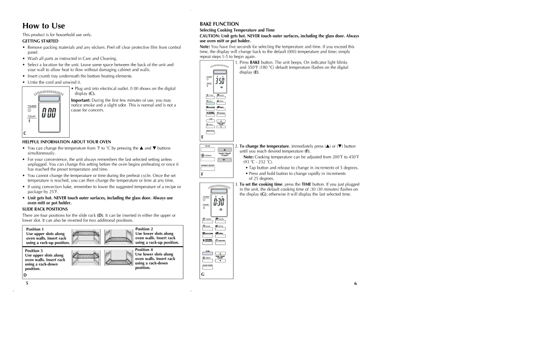 Black & Decker CTO6301, CTO6305 Bake Function, Getting Started, Helpful Information about Your Oven, Slide Rack Positions 