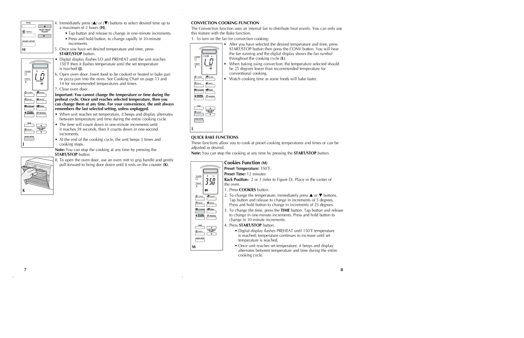 Black & Decker CTO6305, CTO6301 manual Cookies Function M, Convection Cooking Function, Quick Bake Functions 