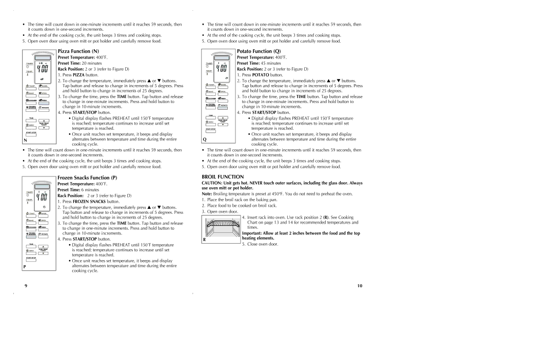 Black & Decker CTO6301, CTO6305 manual Pizza Function N, Potato Function Q, Frozen Snacks Function P, Broil Function 