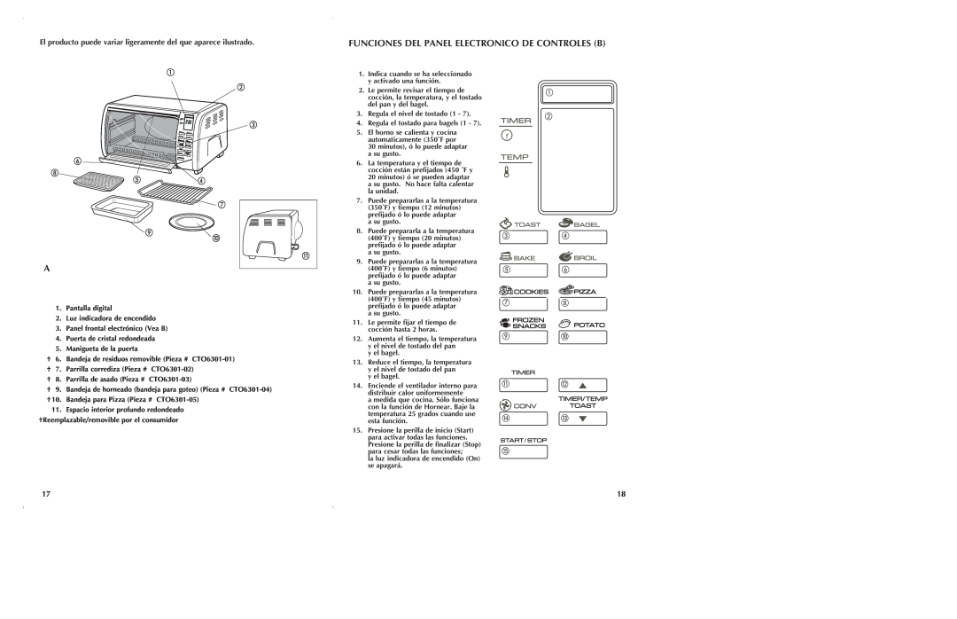 Black & Decker CTO6301, CTO6305 manual Funciones Del Panel Electronico De Controles B 