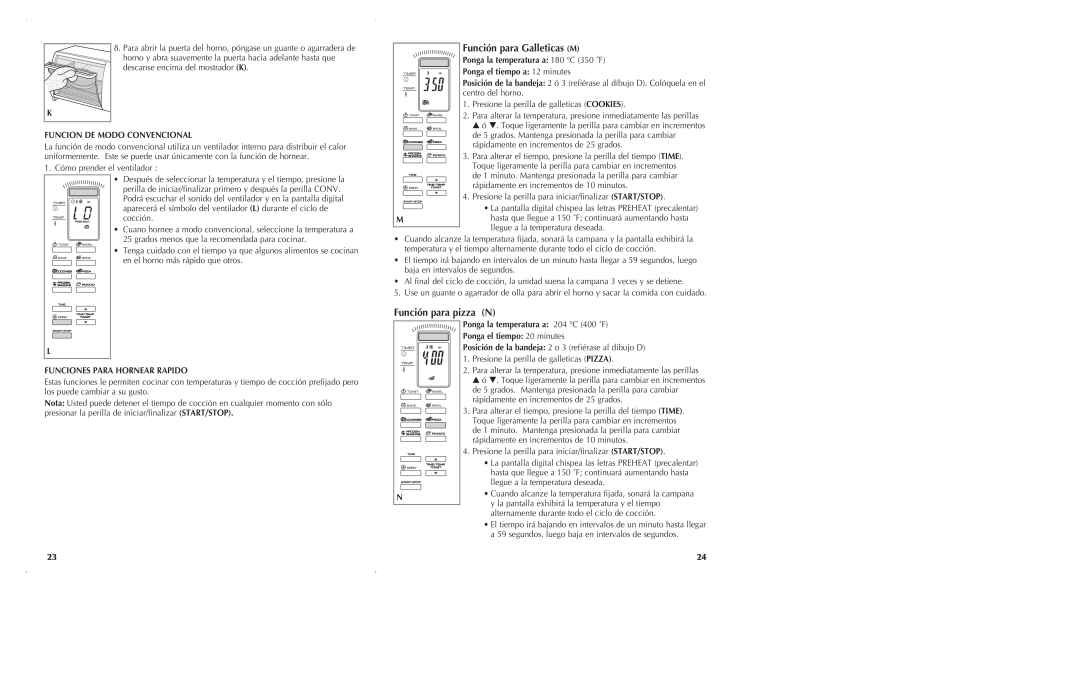 Black & Decker CTO6305, CTO6301 manual Función para Galleticas M, Función para pizza N, K Funcion De Modo Convencional 