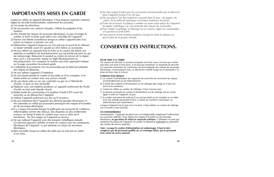 Black & Decker CTO6305, CTO6301 manual Importantes Mises En Garde, Conserver Ces Instructions 