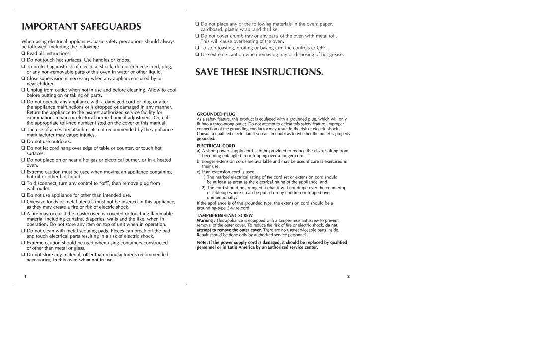 Black & Decker CTO6301, CTO6305 manual Important Safeguards, Save These Instructions 