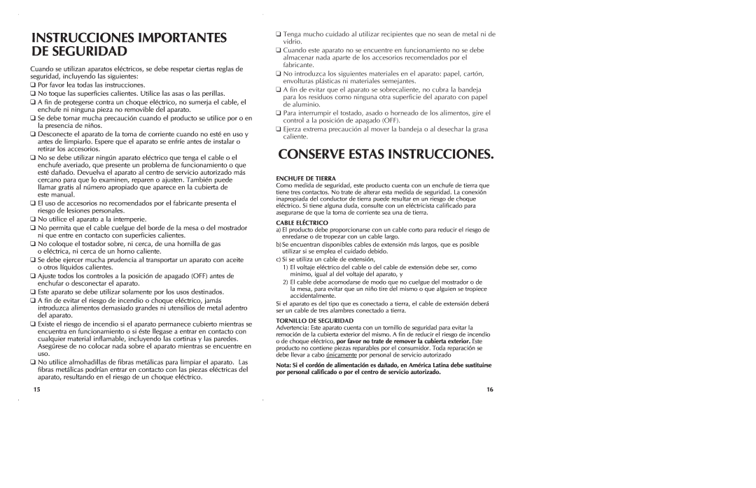 Black & Decker CTO6305, CTO6301 manual Instrucciones Importantes De Seguridad, Conserve Estas Instrucciones 