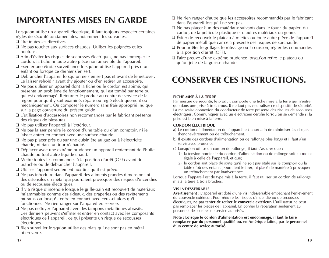 Black & Decker CTO6305C manual Fiche Mise À LA Terre, Cordon Électrique, VIS Indesserrable 