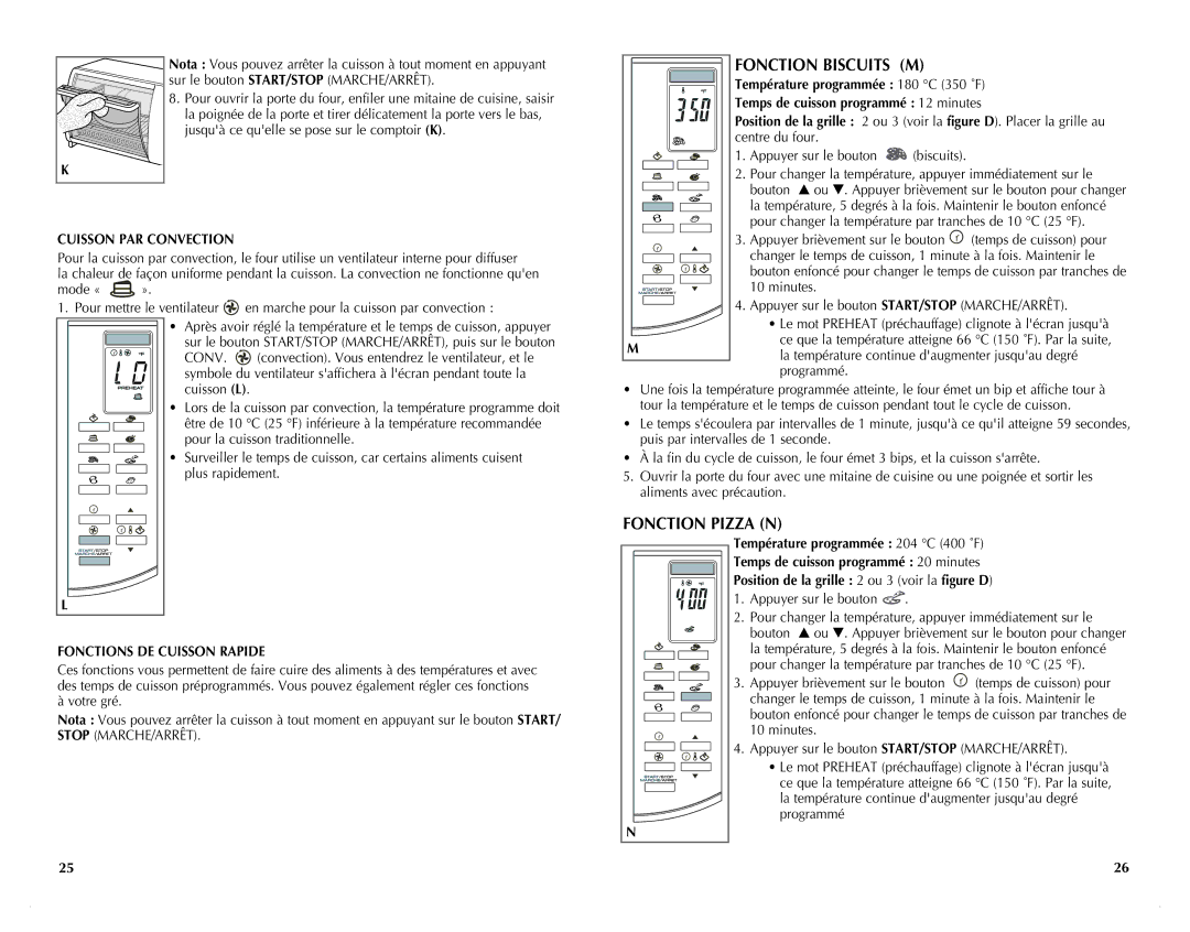 Black & Decker CTO6305C manual Fonction Biscuits M, Fonction Pizza N, Cuisson PAR Convection, Fonctions DE Cuisson Rapide 