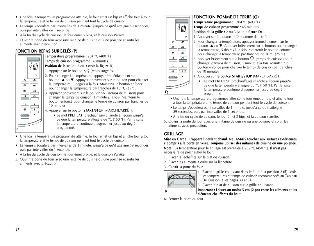 Black & Decker CTO6305C manual Fonction Repas Surgelés P, Fonction Pomme DE Terre Q, Grillage, Éléments chauffants du haut 