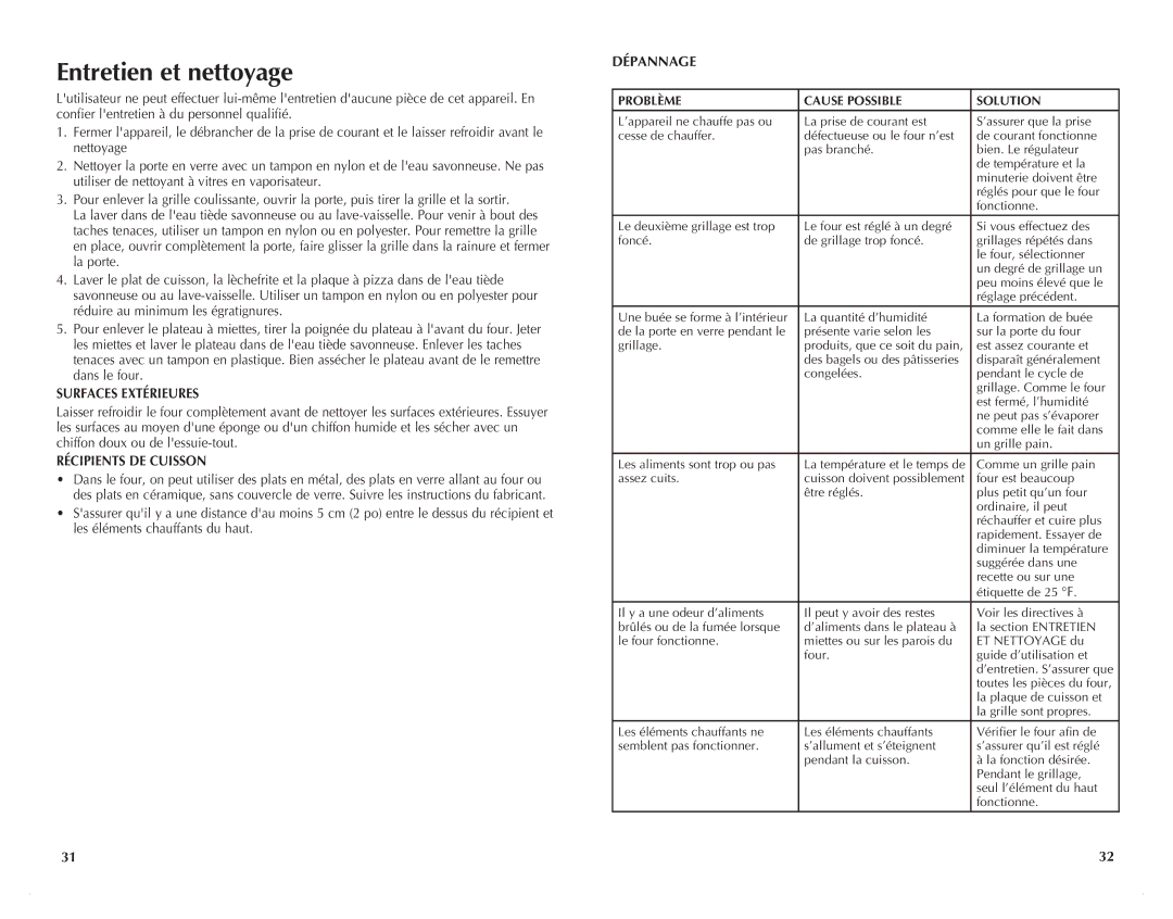 Black & Decker CTO6305C manual Surfaces extérieures, Récipients de cuisson, Dépannage 