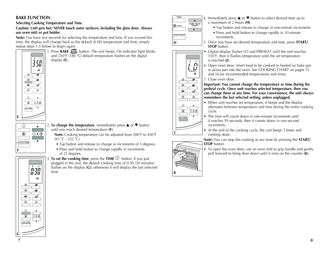 Black & Decker CTO6305C manual Bake Function, Selecting Cooking Temperature and Time 