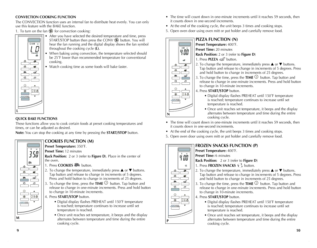 Black & Decker CTO6305C manual Pizza Function N, Cookies Function M, Frozen Snacks Function P, Convection Cooking Function 
