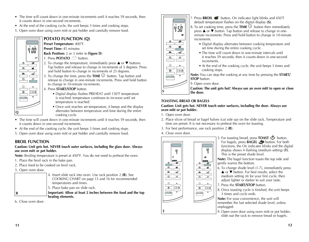 Black & Decker CTO6305C manual Potato Function Q, Broil Function, Toasting Bread or Bagels 