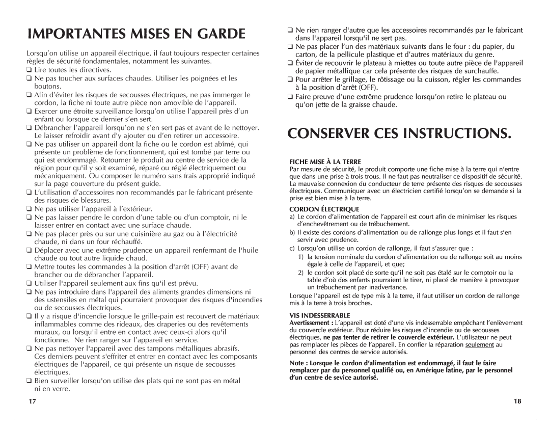Black & Decker CTO6305C manual Importantes Mises En Garde, Conserver Ces Instructions 