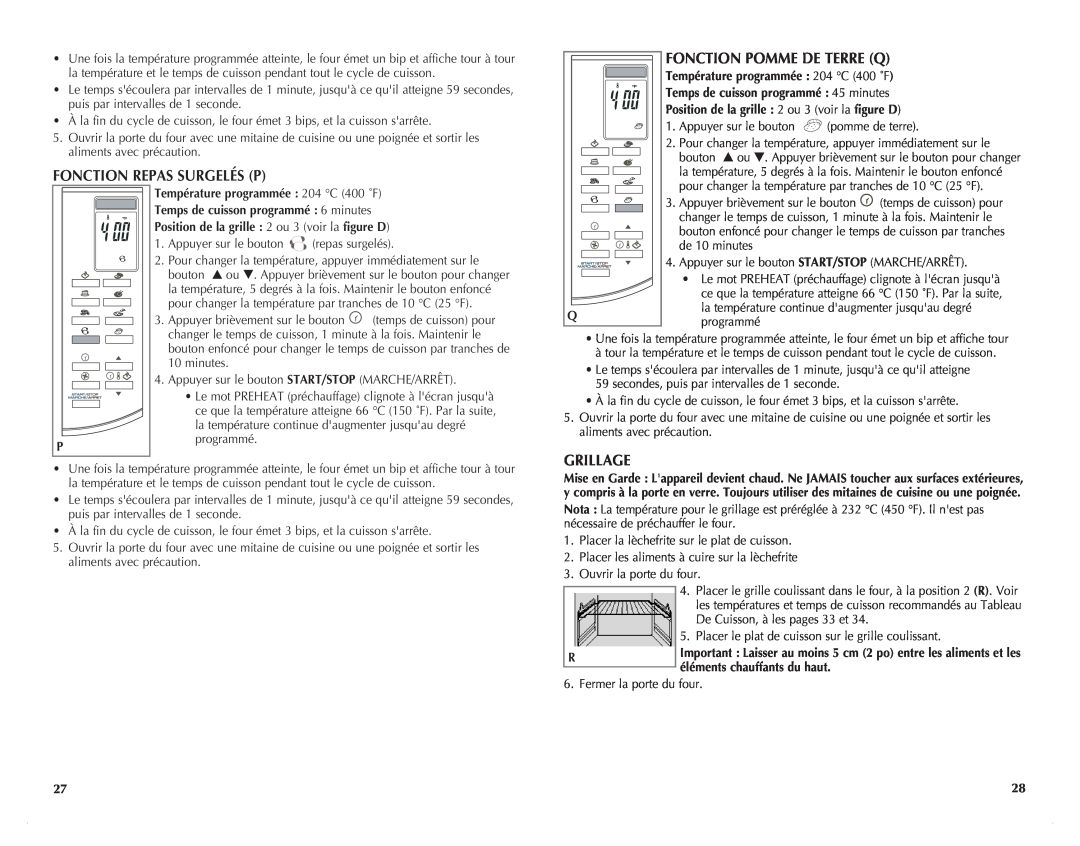 Black & Decker CTO6305C manual Fonction REPAS SURGELÉS P, Fonction POMME DE TERRE Q, Grillage 