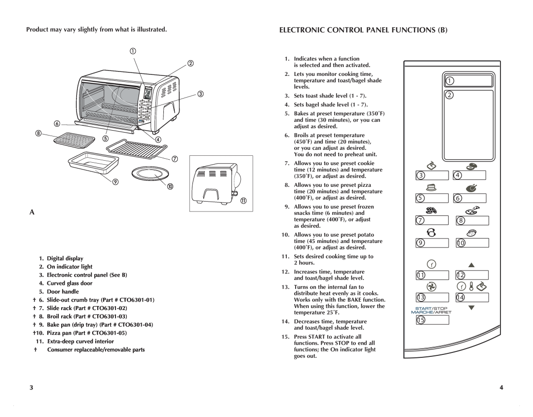 Black & Decker CTO6305C manual Electronic Control Panel Functions B 