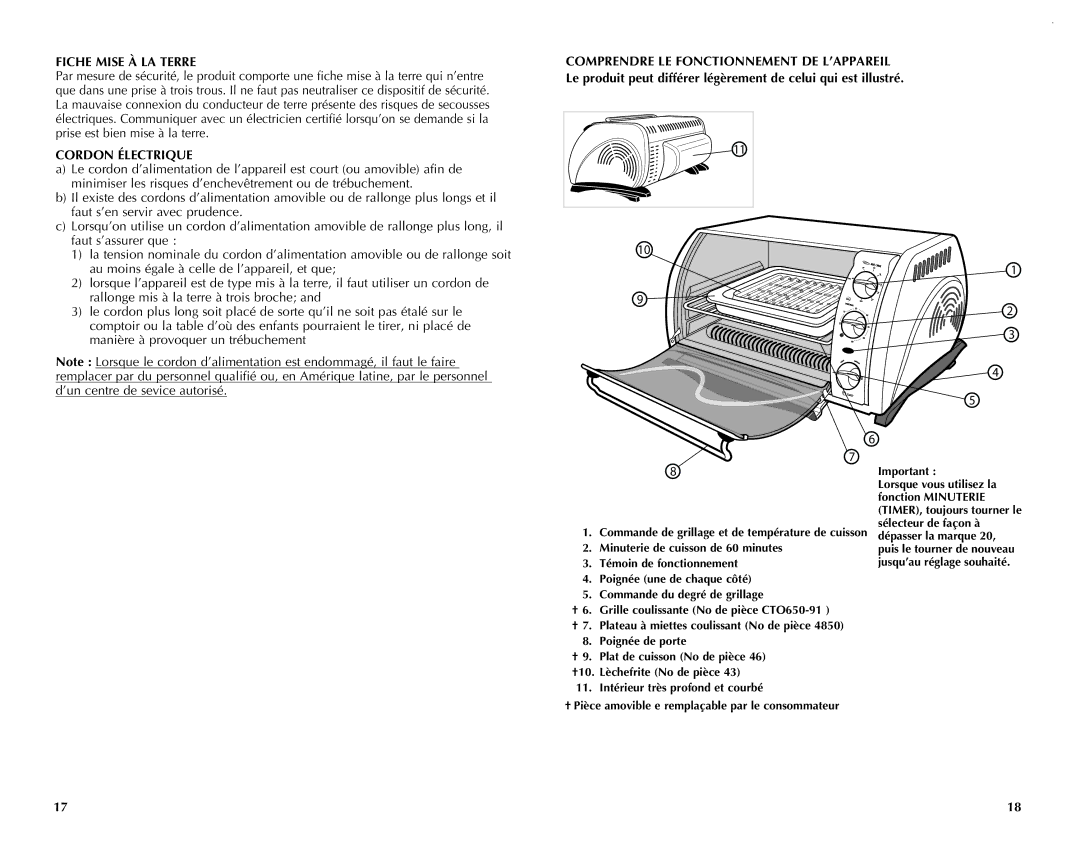 Black & Decker CTO649 manual Fiche Mise À LA Terre, Cordon Électrique 