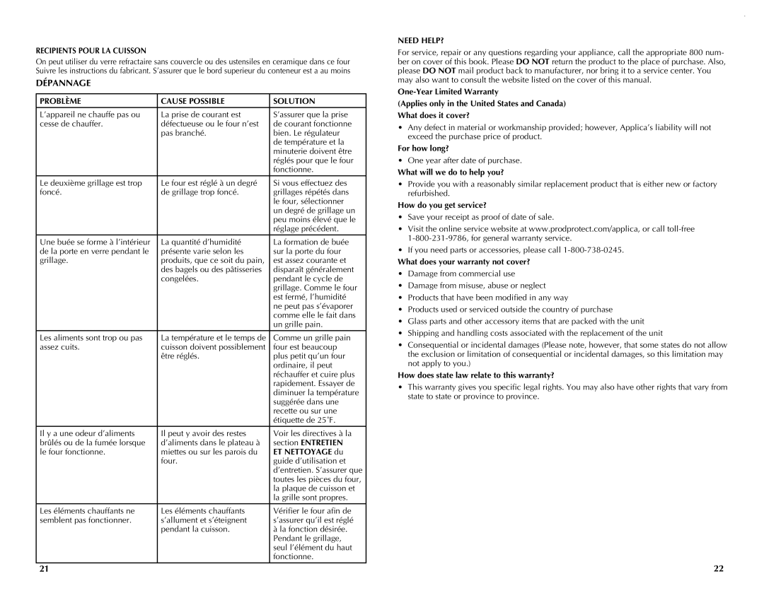 Black & Decker CTO649 manual Dépannage, Problème Cause Possible Solution, Need HELP? 