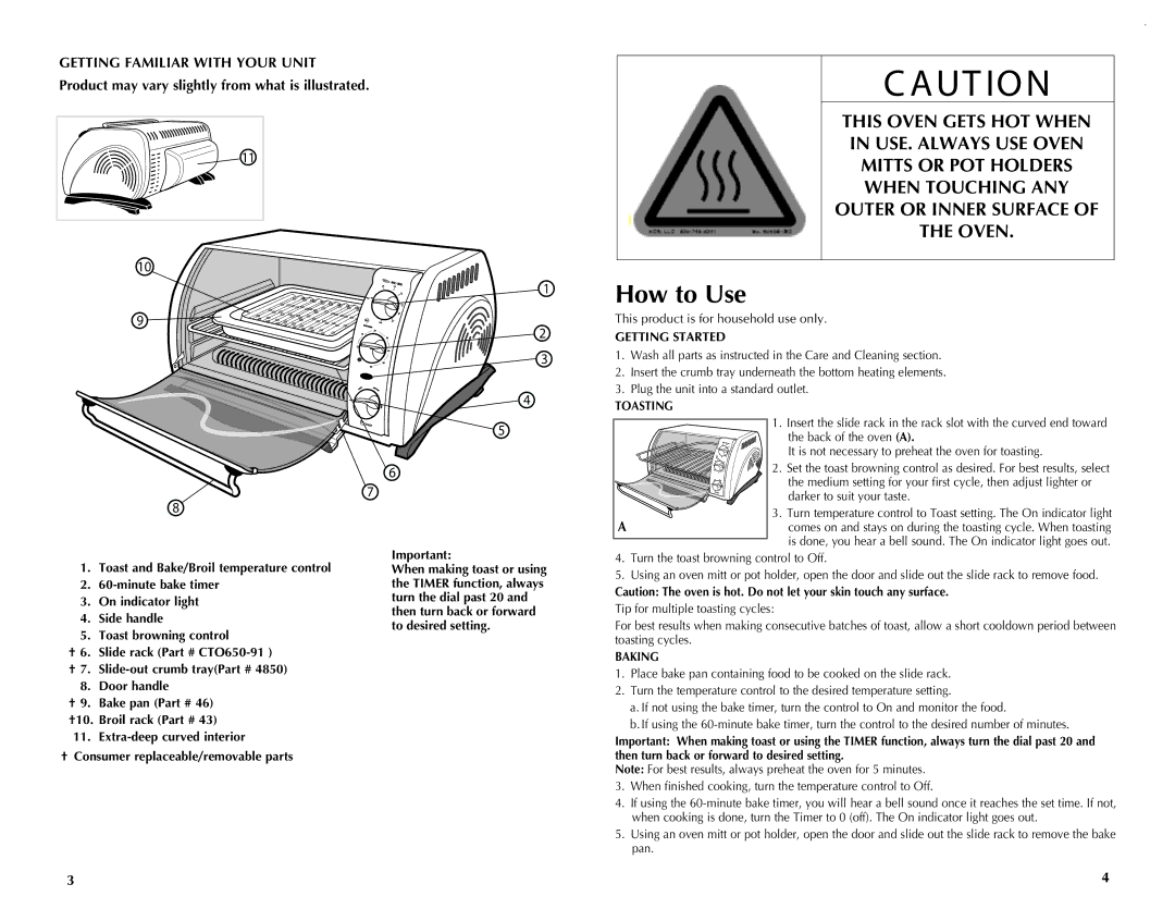 Black & Decker CTO649 How to Use, This Oven Gets HOT When Thiuseovenalwaysget HOT. Ovenwh N, Getting Started, Toasting 