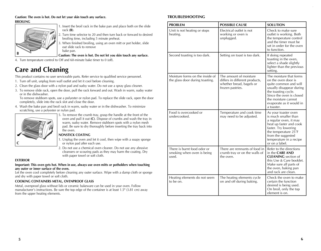 Black & Decker CTO649 manual Care and Cleaning, Troubleshooting, Problem Possible Cause Solution 