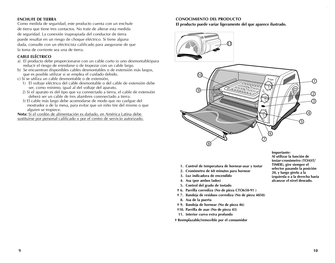 Black & Decker CTO649 manual Enchufe DE Tierra, Conocimiento DEL Producto, Cable Eléctrico 