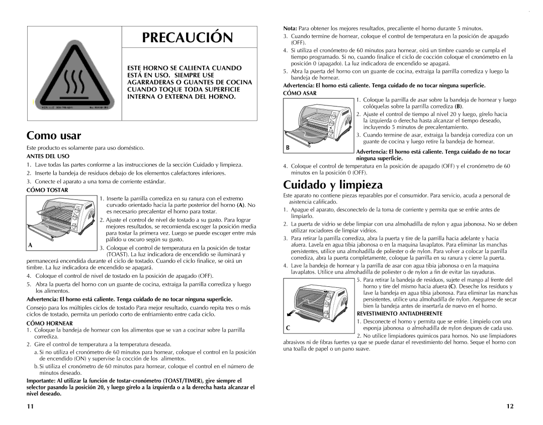 Black & Decker CTO649 manual Como usar, Cuidado y limpieza, Interna O Externa DEL Horno 