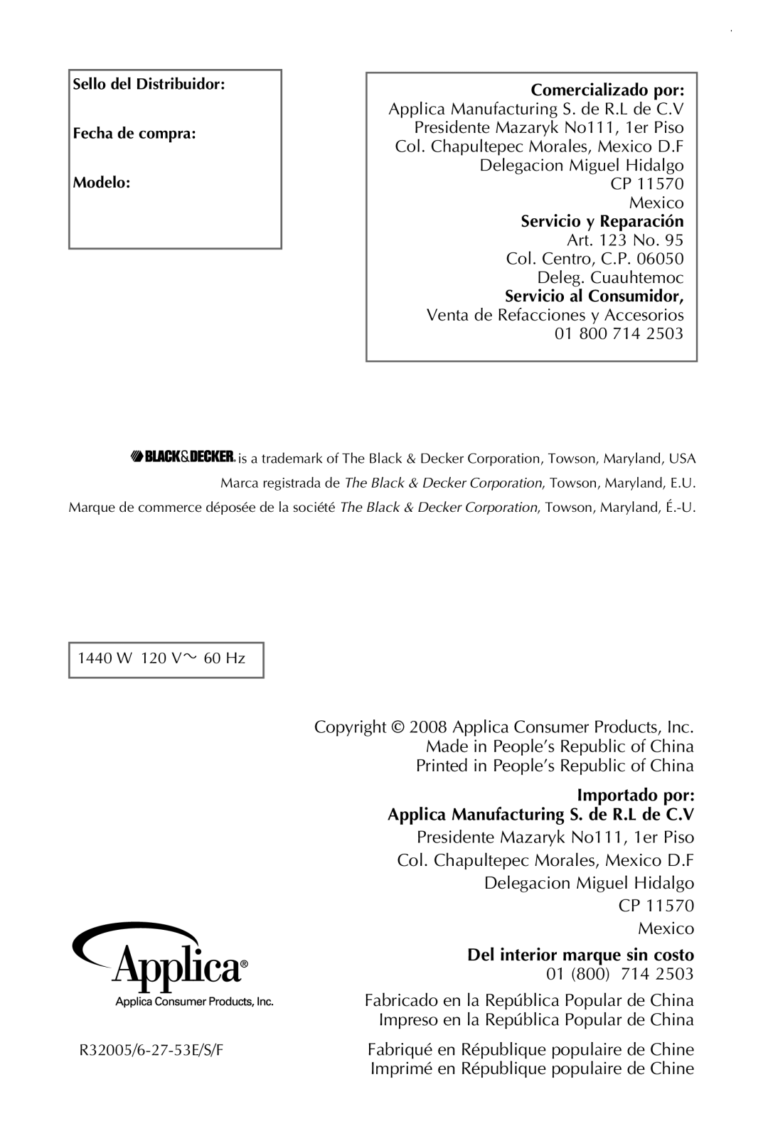 Black & Decker CTO649 manual Servicio al Consumidor, Venta de Refacciones y Accesorios 01, Del interior marque sin costo 