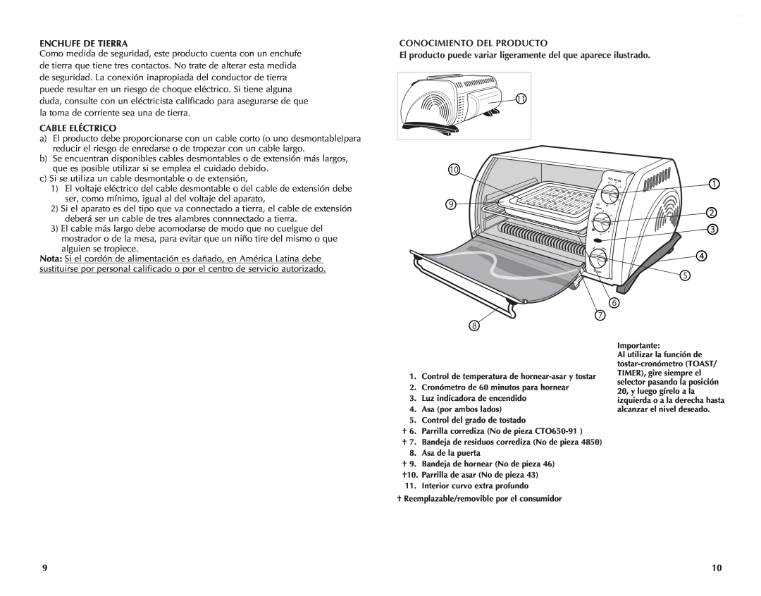 Black & Decker CTO649 manual Enchufe De Tierra, Conocimiento Del Producto, Cable Eléctrico 