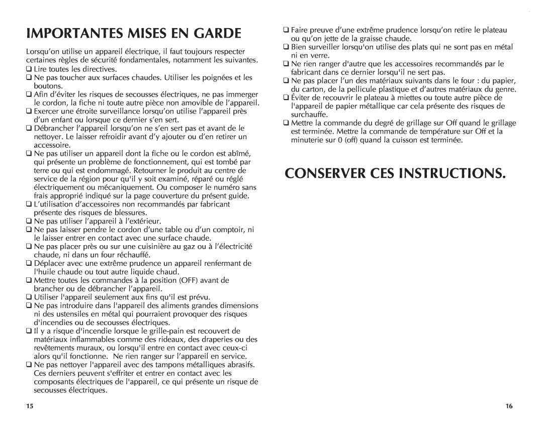 Black & Decker CTO649 manual Importantes Mises En Garde, Conserver Ces Instructions 