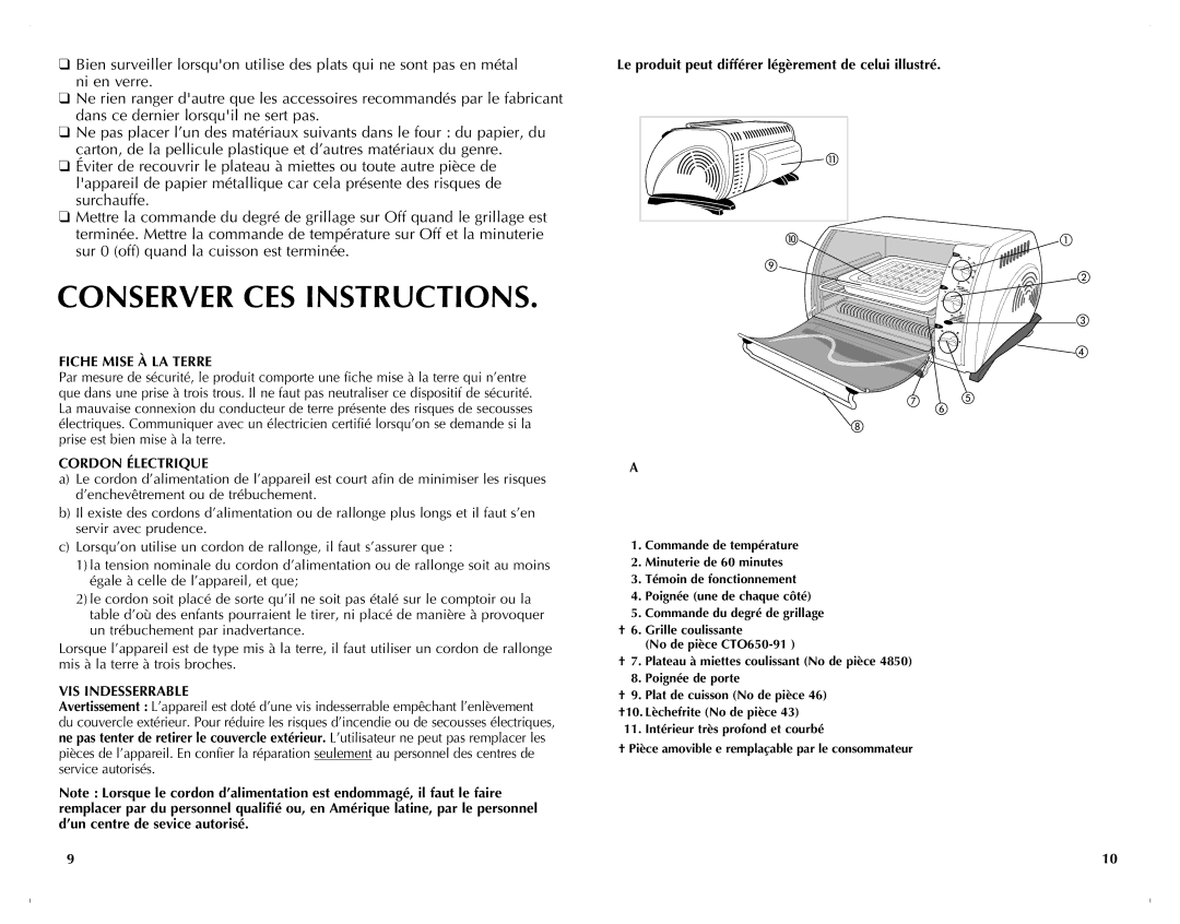 Black & Decker CTO649C manual Conserver CES Instructions, Fiche Mise À LA Terre, Cordon Électrique, VIS Indesserrable 