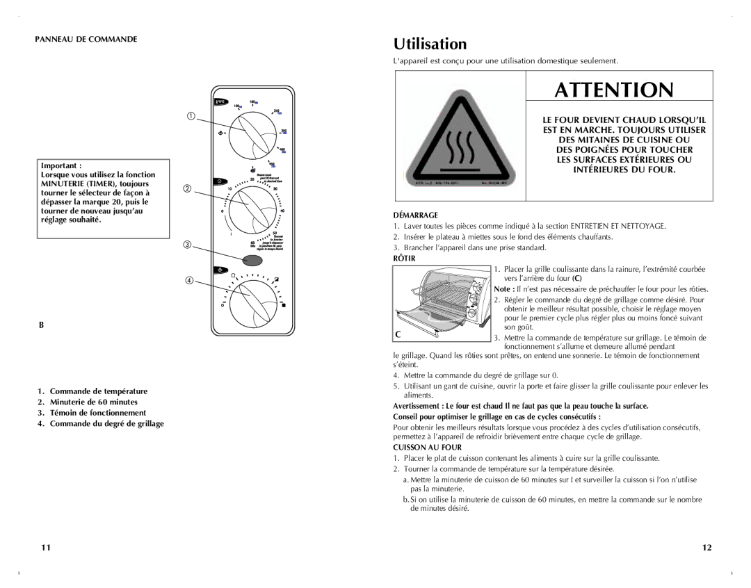 Black & Decker CTO649C manual Utilisation, Panneau DE Commande, Démarrage, Rôtir, Cuisson au four 