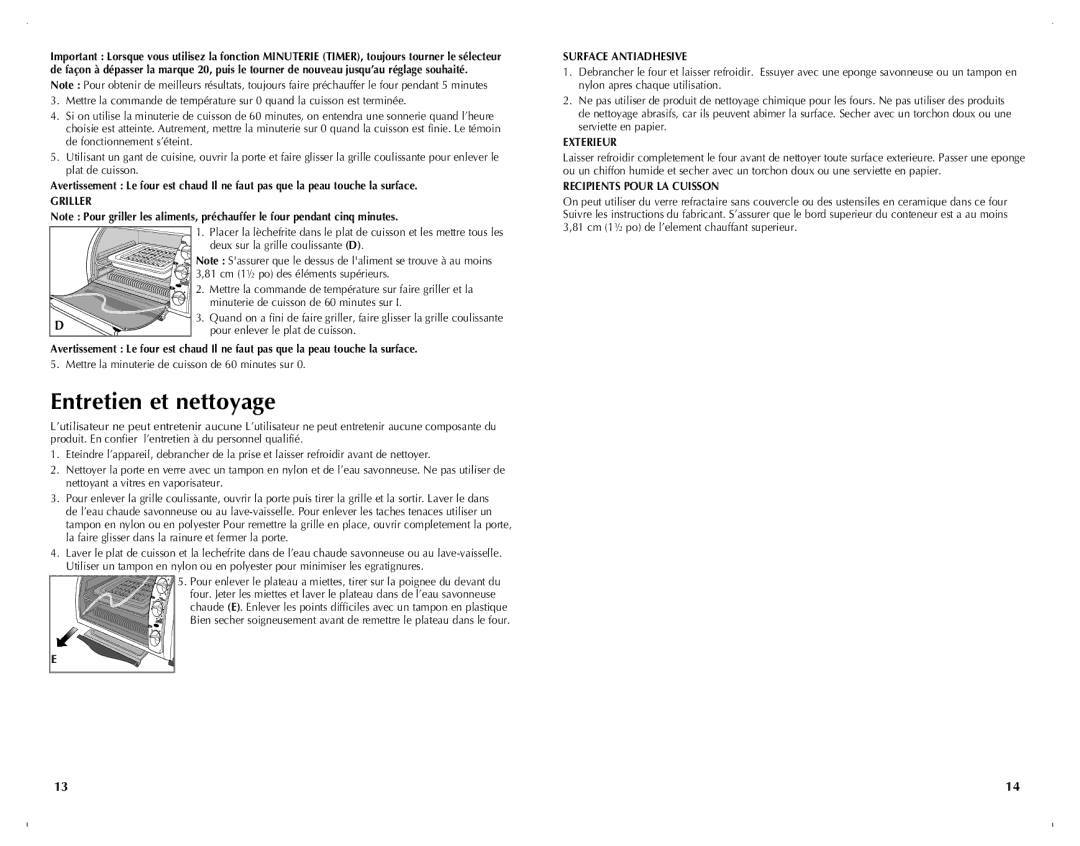 Black & Decker CTO649C manual Entretien et nettoyage, Surface antiadhesive, Exterieur, Recipients pour la cuisson 