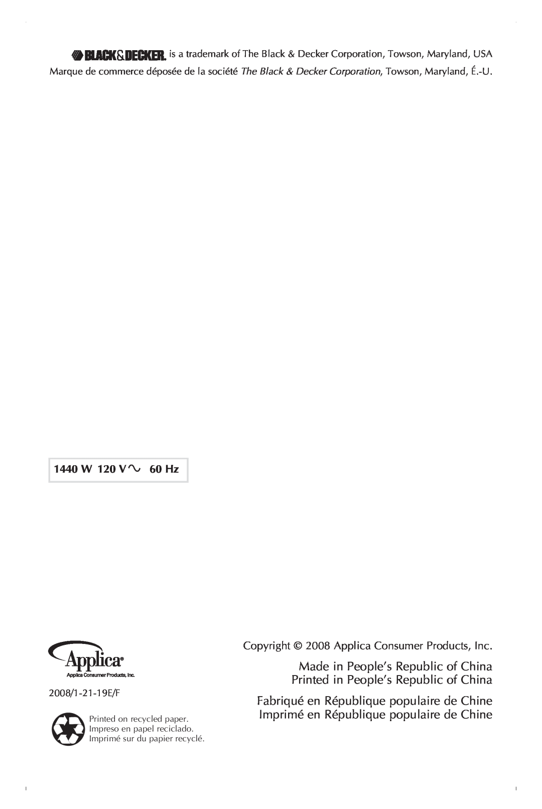 Black & Decker CTO649C manual 1440 W 120 V 60 Hz, Copyright 2008 Applica Consumer Products, Inc 