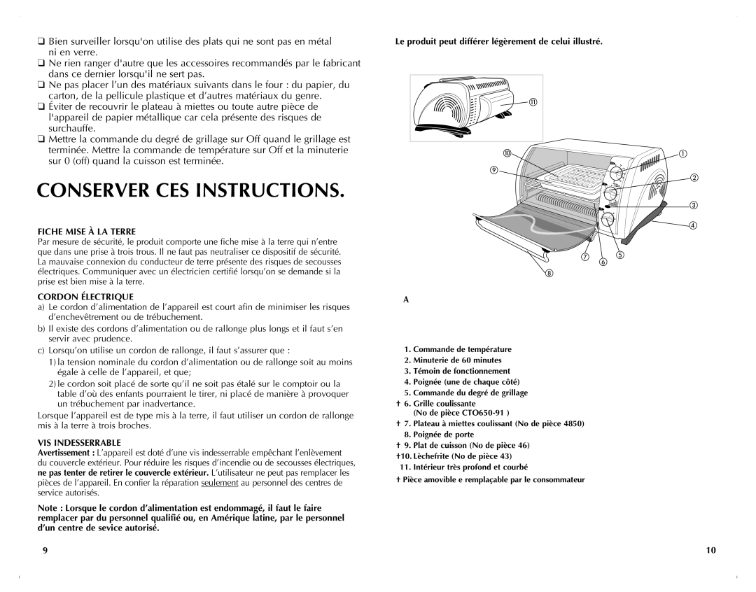 Black & Decker CTO649C manual Conserver Ces Instructions 