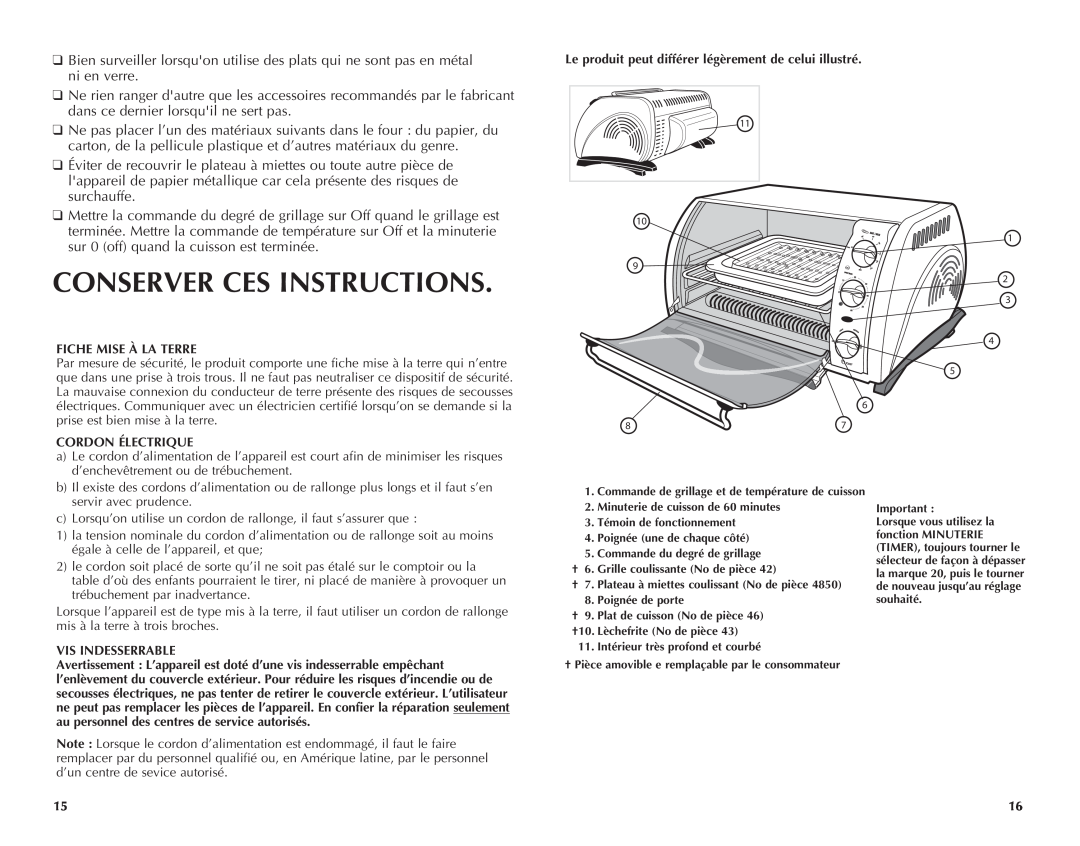 Black & Decker TOAST-R-OVEN Conserver Ces Instructions, ni en verre, Le produit peut différer légèrement de celui illustré 