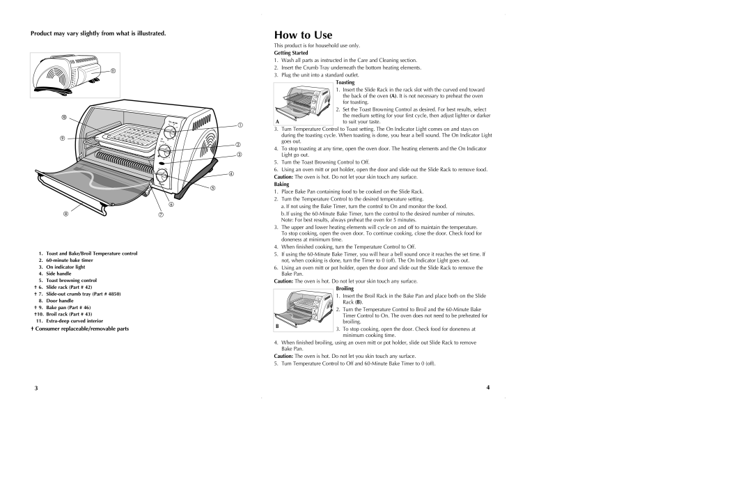 Black & Decker CTO650 manual How to Use, † Consumer replaceable/removable parts 