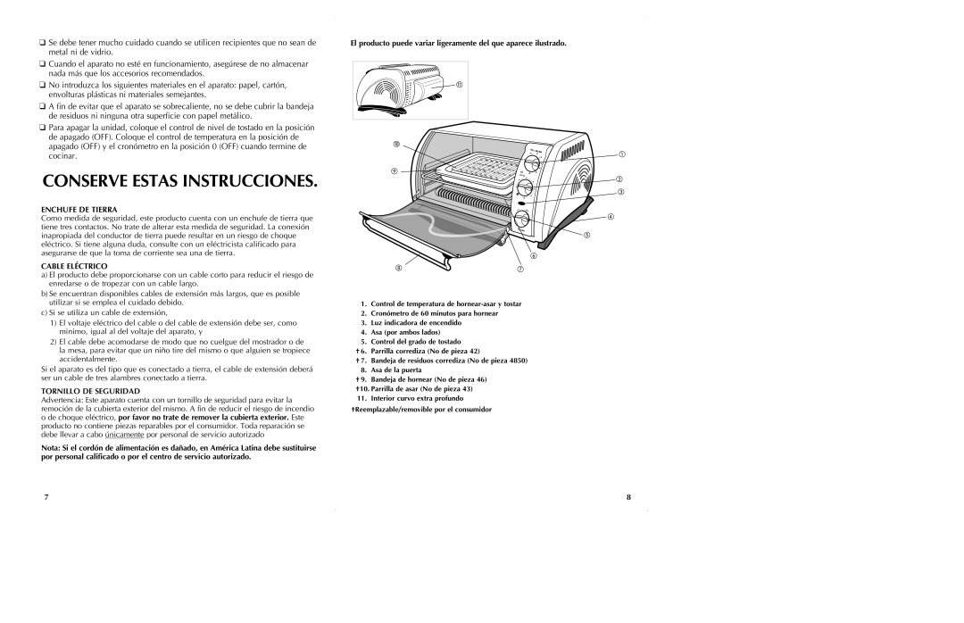 Black & Decker CTO650 manual Conserve Estas Instrucciones, Enchufe DE Tierra, Cable Eléctrico 